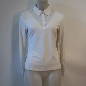 Womens Skinny Shirt White 1/2 Button Mixed Media Long Sleeve Blouse Shirt Top L
